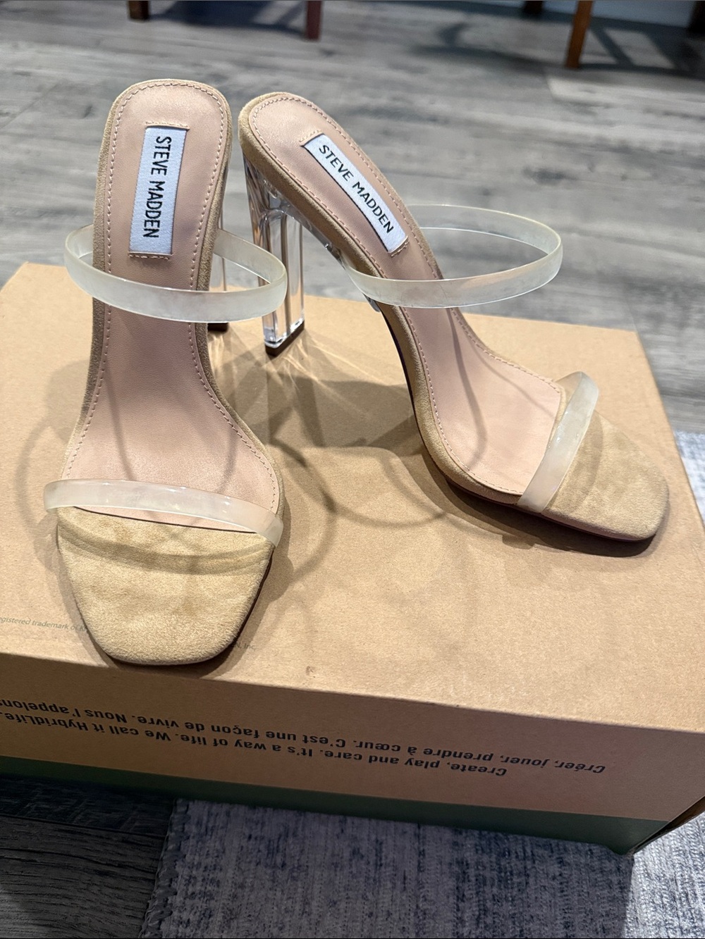 Steve Madden Nude Suede & Clear Strap Block Heels